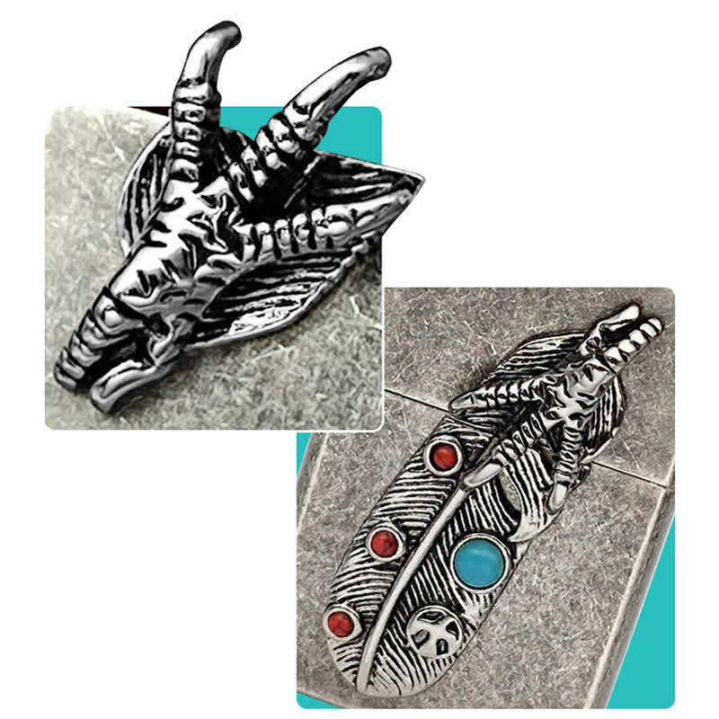 Accendino a cherosene ricaricabile in finto turchese con piuma d'aquila