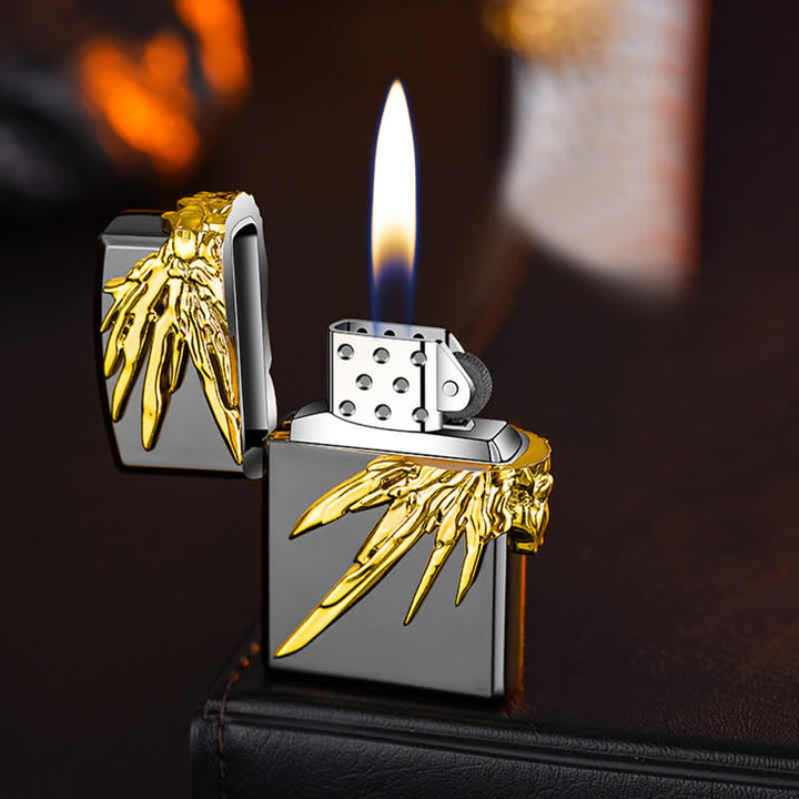 Accendino a butano ricaricabile con ali in rilievo 3D a tre lati