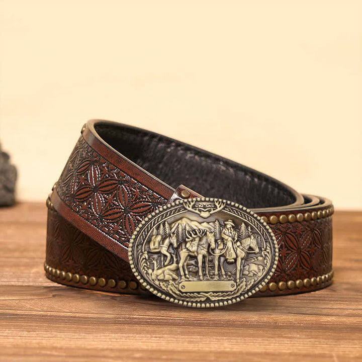 Cintura in pelle fai da te da uomo con fibbia a forma di cavallo con cavaliere in bronzo antico