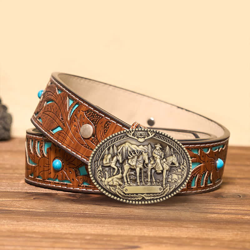 Cintura in pelle fai da te da uomo con fibbia a forma di cavallo con cavaliere in bronzo antico