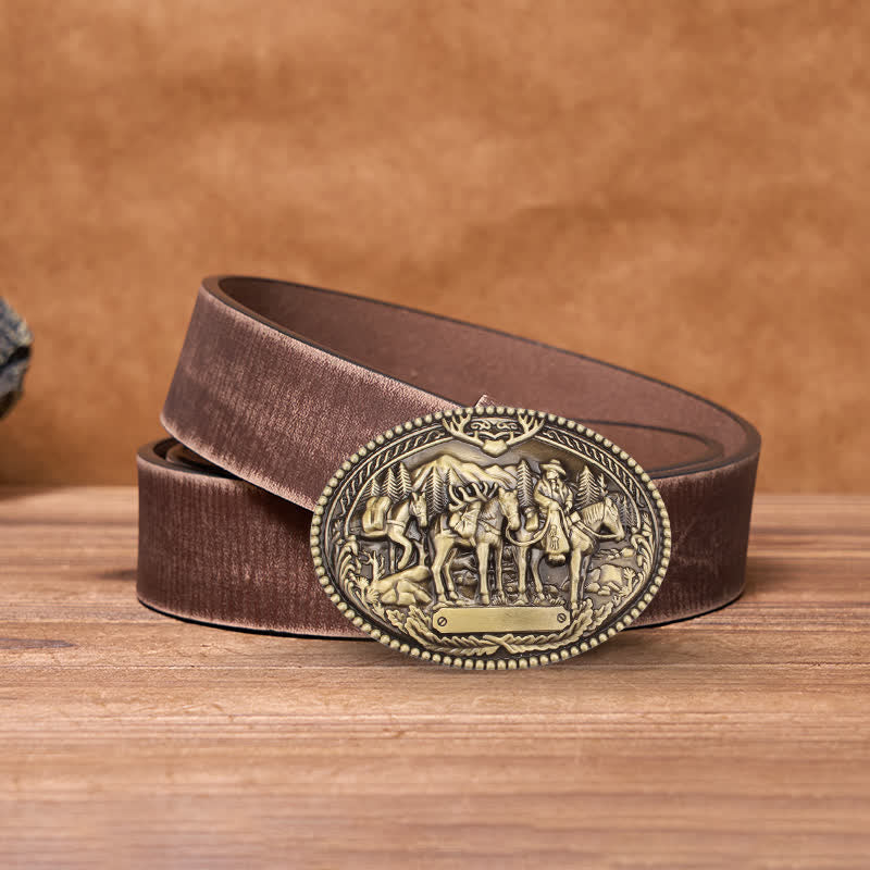 Cintura in pelle fai da te da uomo con fibbia a forma di cavallo con cavaliere in bronzo antico