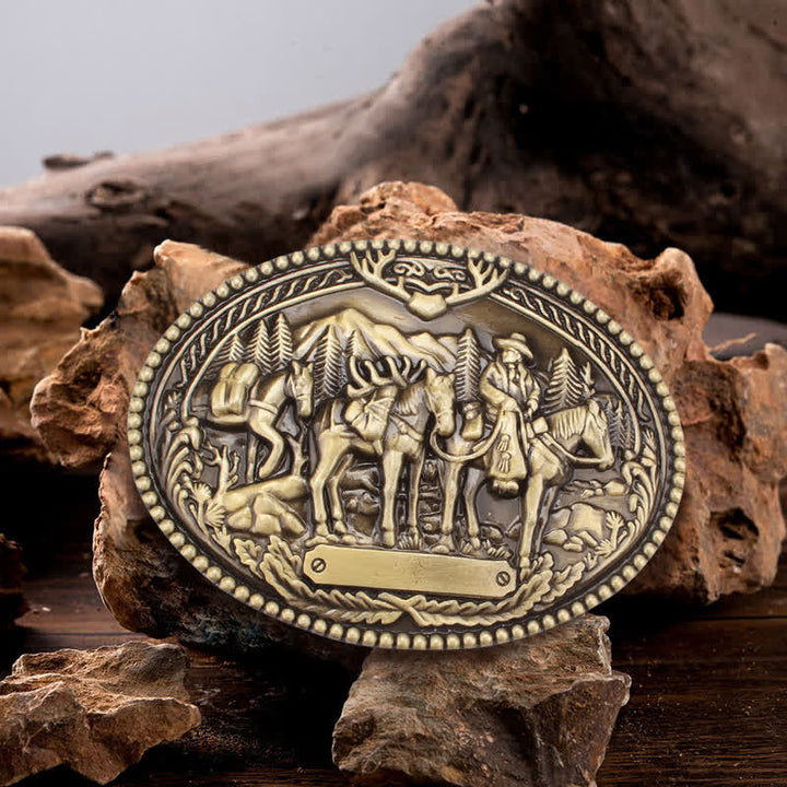 Cintura in pelle fai da te da uomo con fibbia a forma di cavallo con cavaliere in bronzo antico