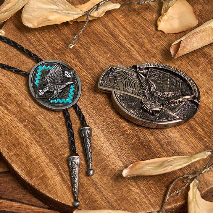 Set di Fibbia per Cintura con Coltello Nascosto Fai da Te con Bandiera dell'Aquila e Ciondolo Longhorn con Cravatta Bolo a Forma di Aquila