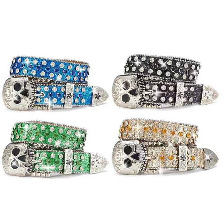 Cintura in pelle con fibbia a teschio e strass borchiati da streetwear