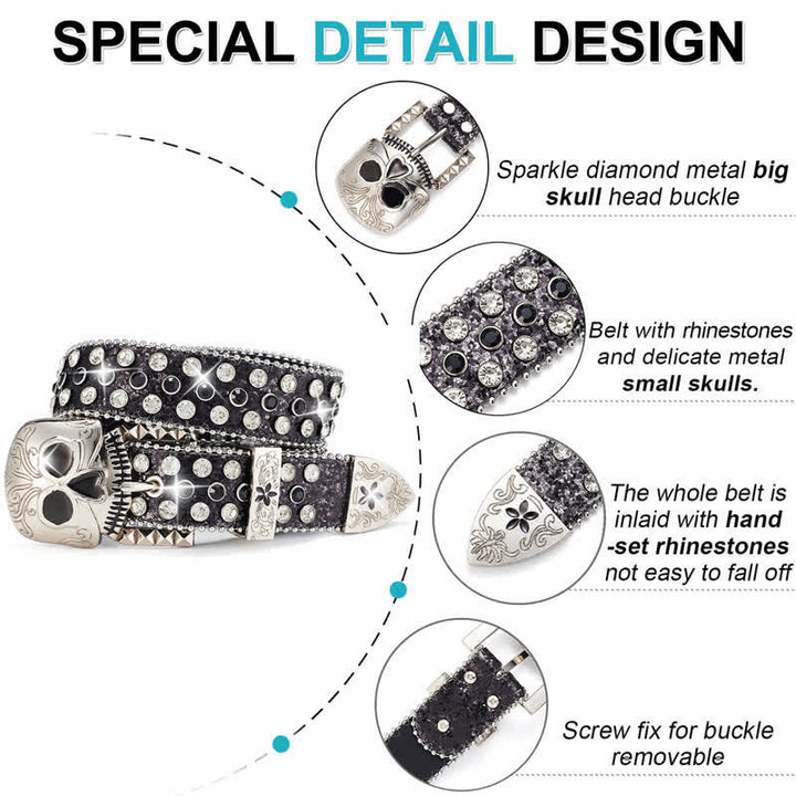Cintura in pelle con fibbia a teschio e strass borchiati da streetwear