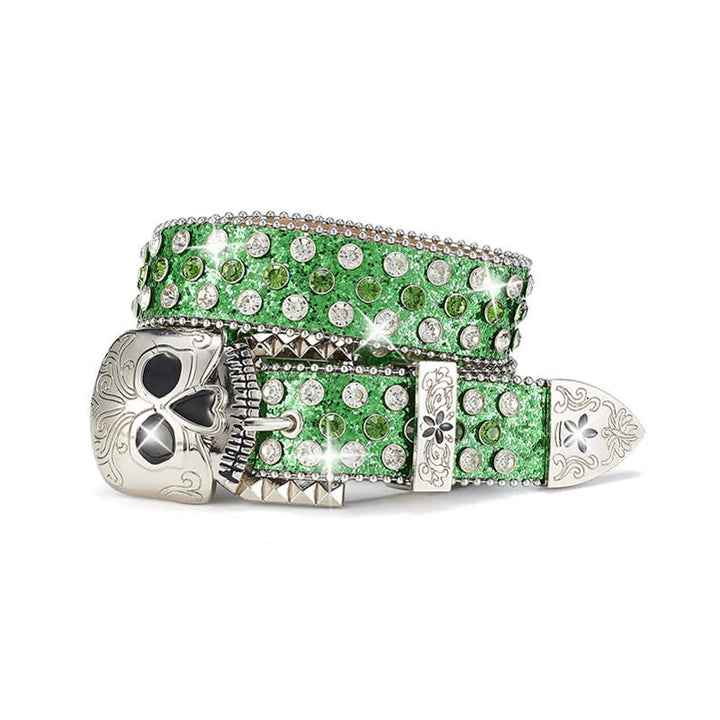 Cintura in pelle con fibbia a teschio e strass borchiati da streetwear