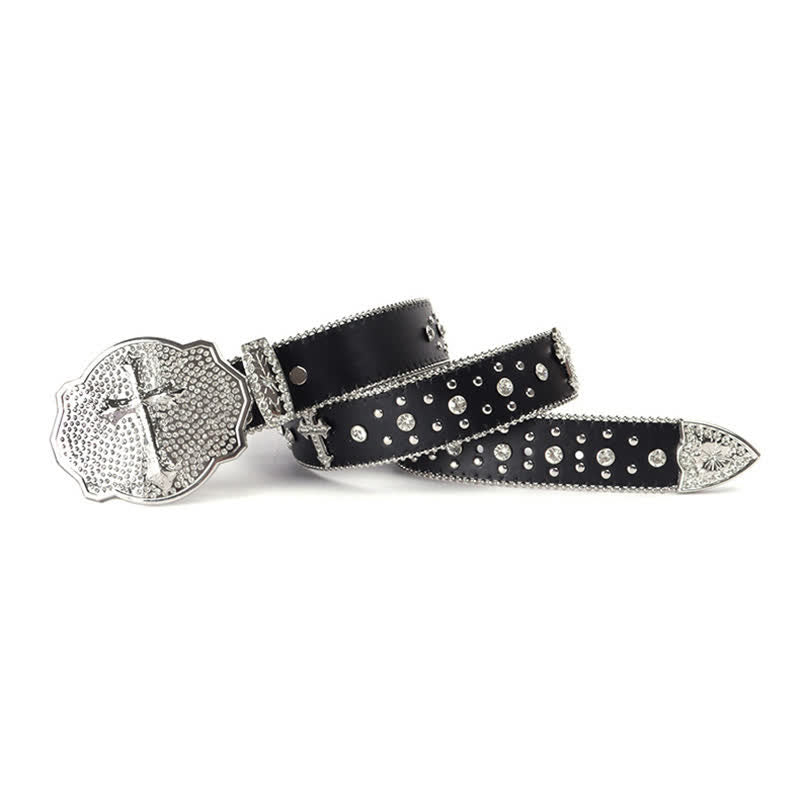 Cintura in pelle con fibbia a croce scintillante e borchie di strass