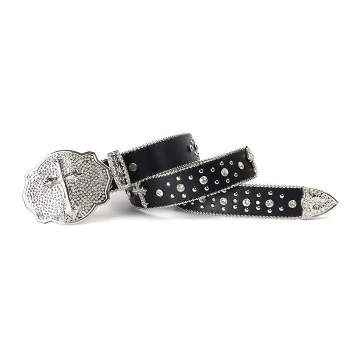Cintura in pelle con fibbia a croce scintillante e borchie di strass