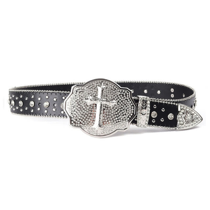 Cintura in pelle con fibbia a croce scintillante e borchie di strass