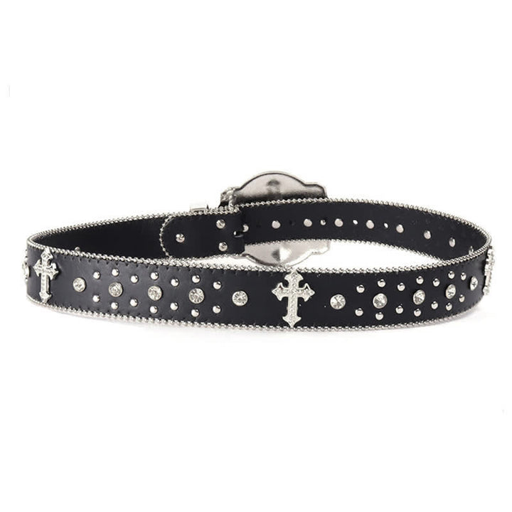 Cintura in pelle con fibbia a croce scintillante e borchie di strass