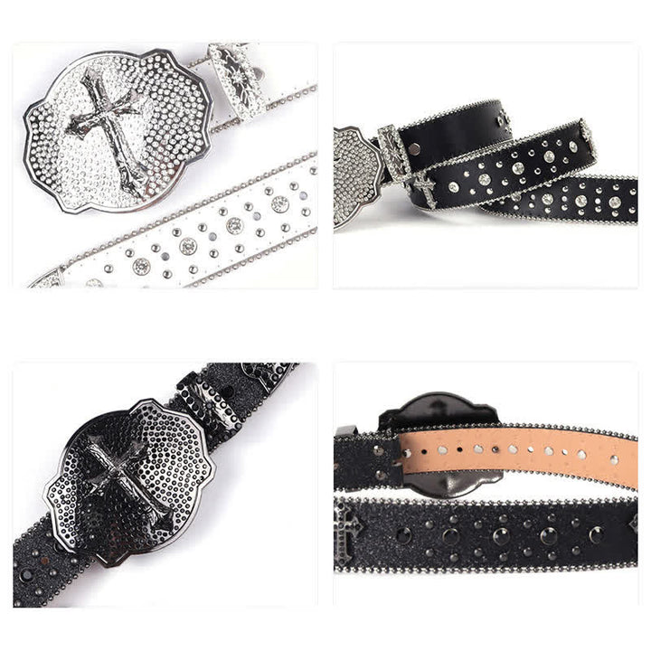 Cintura in pelle con fibbia a croce scintillante e borchie di strass