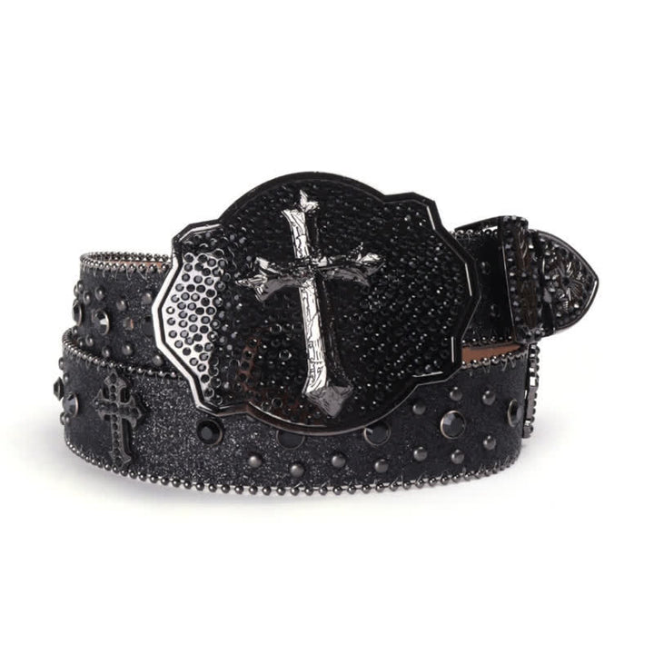 Cintura in pelle con fibbia a croce scintillante e borchie di strass