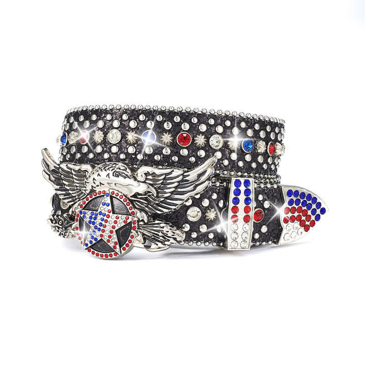 Cintura in pelle con borchie e paillettes a stella rossa e blu con fibbia aquila