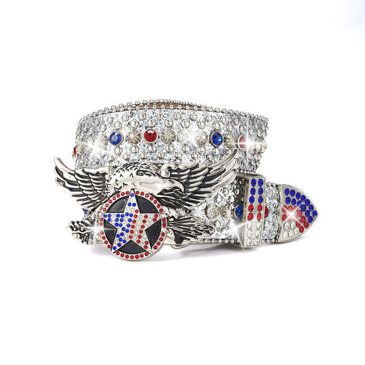 Cintura in pelle con borchie e paillettes a stella rossa e blu con fibbia aquila