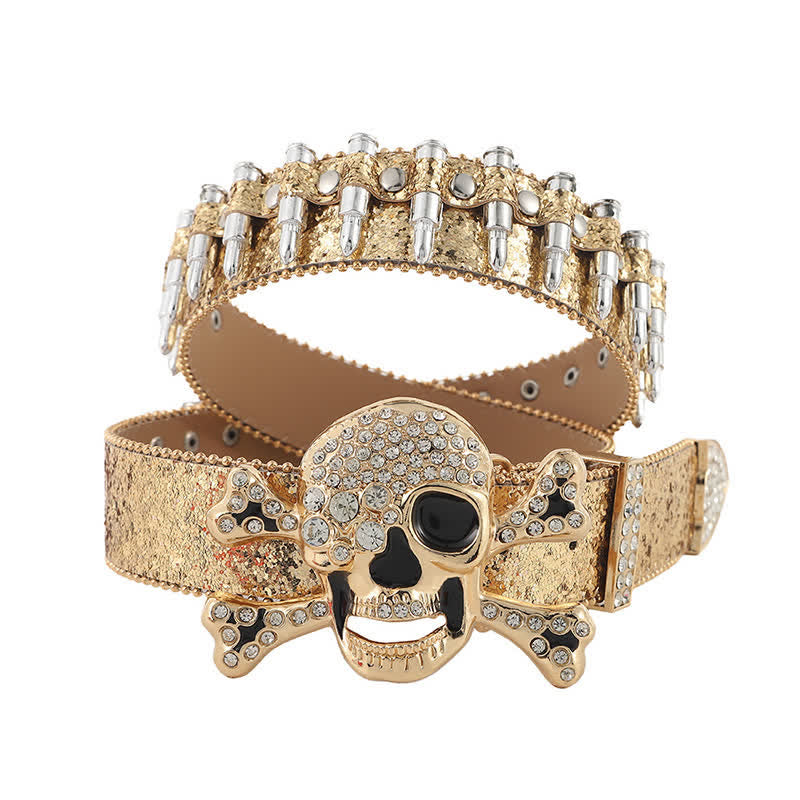 Cintura in pelle con fibbia in strass con teschio di roccia e rivetti a forma di proiettile