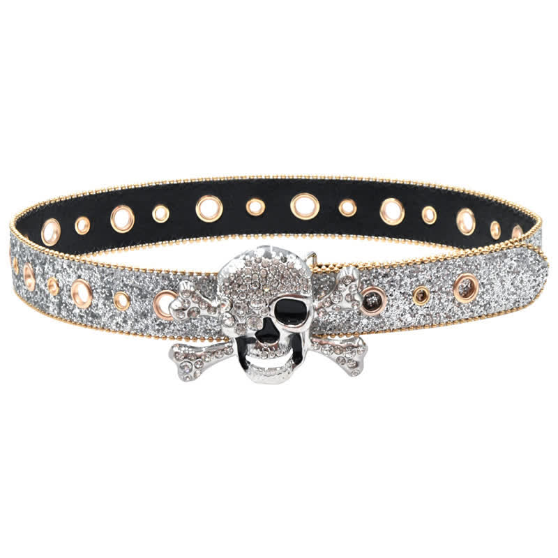 Cintura in pelle con paillettes e fibbia a forma di teschio e perline dorate