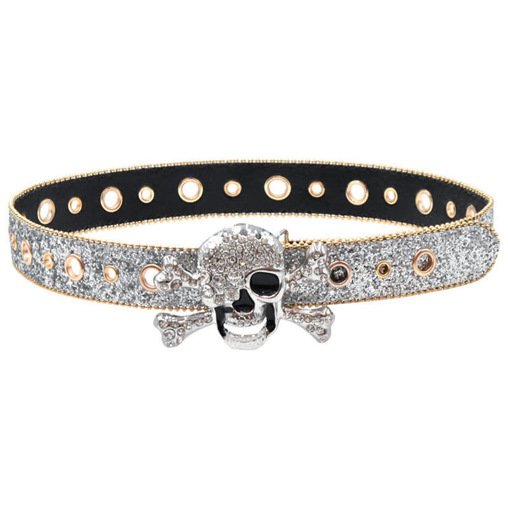 Cintura in pelle con paillettes e fibbia a forma di teschio e perline dorate