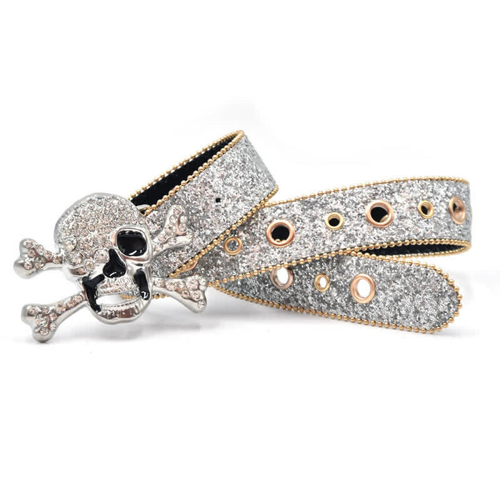 Cintura in pelle con paillettes e fibbia a forma di teschio e perline dorate