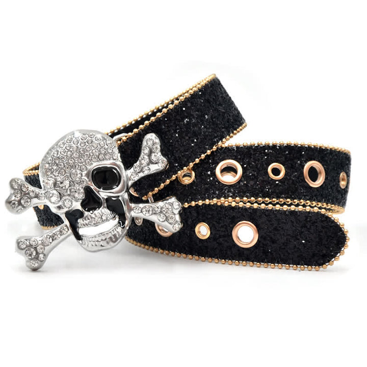 Cintura in pelle con paillettes e fibbia a forma di teschio e perline dorate