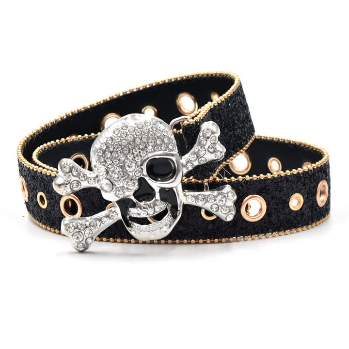 Cintura in pelle con paillettes e fibbia a forma di teschio e perline dorate