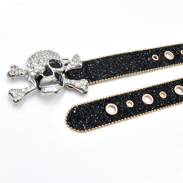 Cintura in pelle con paillettes e fibbia a forma di teschio e perline dorate