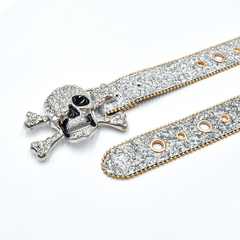 Cintura in pelle con paillettes e fibbia a forma di teschio e perline dorate