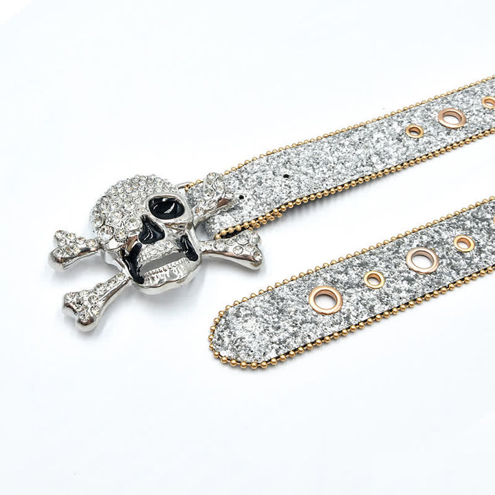Cintura in pelle con paillettes e fibbia a forma di teschio e perline dorate