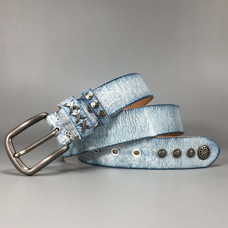 Cintura in pelle retrò con rivetti blu argento e bianco vecchio