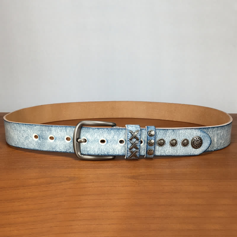 Cintura in pelle retrò con rivetti blu argento e bianco vecchio