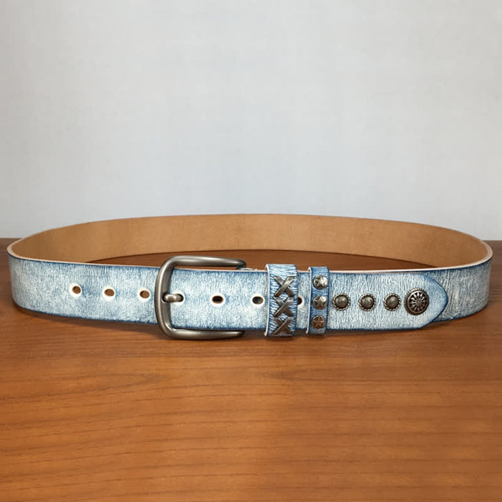 Cintura in pelle retrò con rivetti blu argento e bianco vecchio