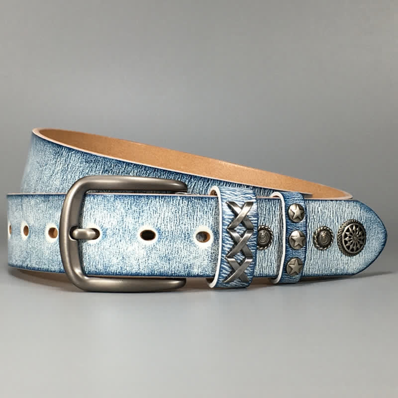 Cintura in pelle retrò con rivetti blu argento e bianco vecchio