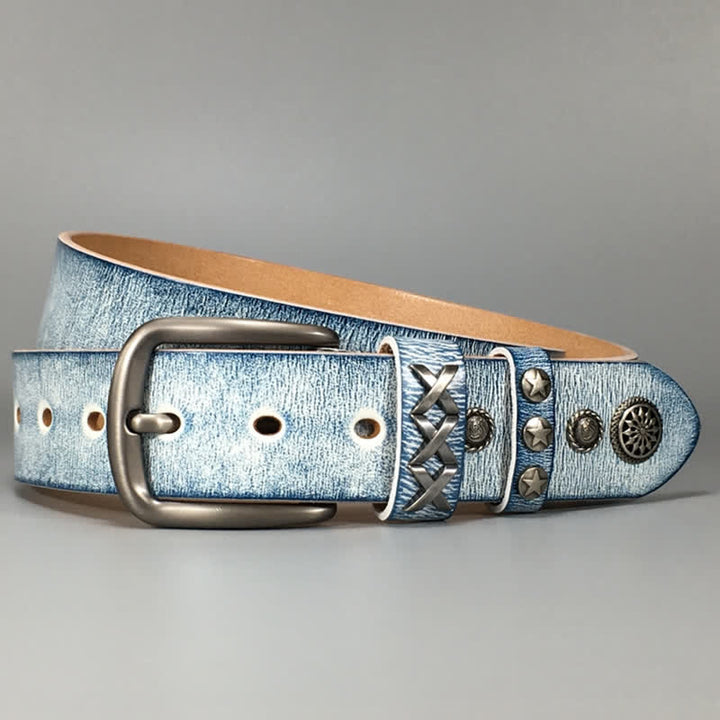 Cintura in pelle retrò con rivetti blu argento e bianco vecchio