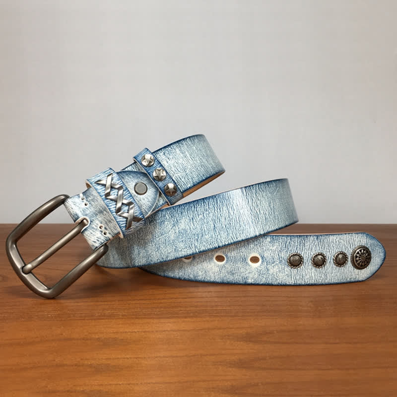Cintura in pelle retrò con rivetti blu argento e bianco vecchio