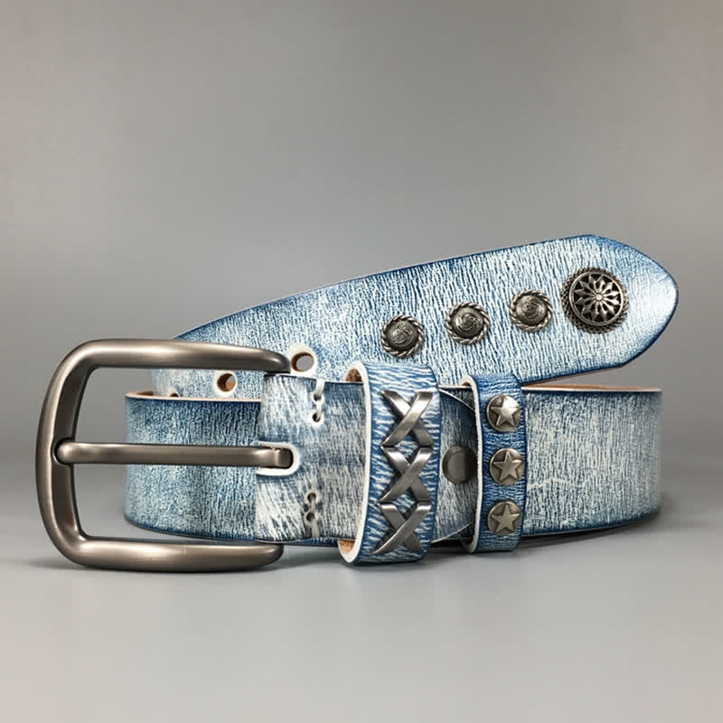 Cintura in pelle retrò con rivetti blu argento e bianco vecchio