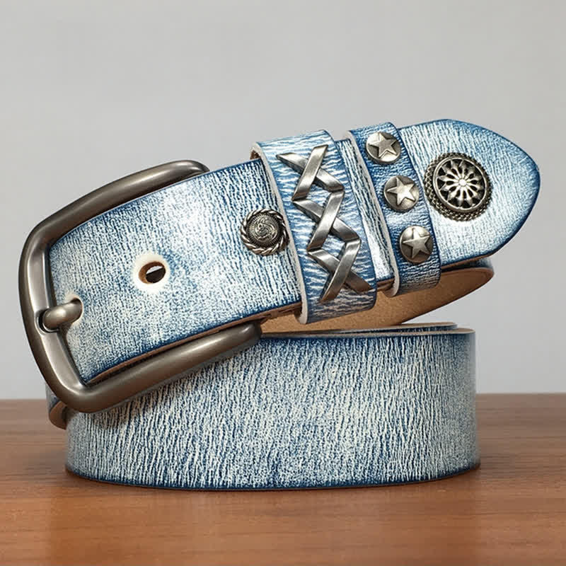 Cintura in pelle retrò con rivetti blu argento e bianco vecchio