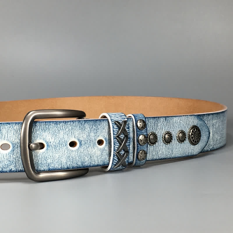 Cintura in pelle retrò con rivetti blu argento e bianco vecchio