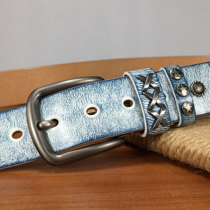 Cintura in pelle retrò con rivetti blu argento e bianco vecchio