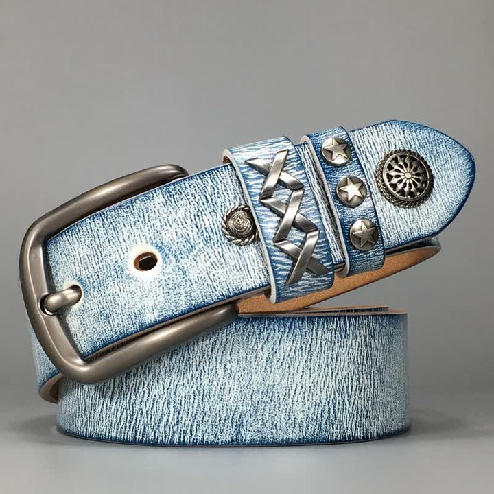 Cintura in pelle retrò con rivetti blu argento e bianco vecchio