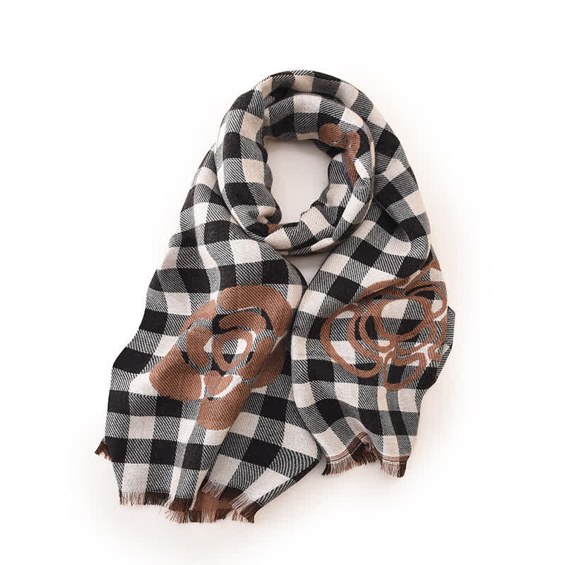 Sciarpa unisex con stampa floreale grande e nappe a quadri