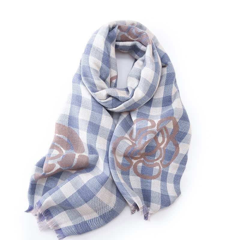 Sciarpa unisex con stampa floreale grande e nappe a quadri