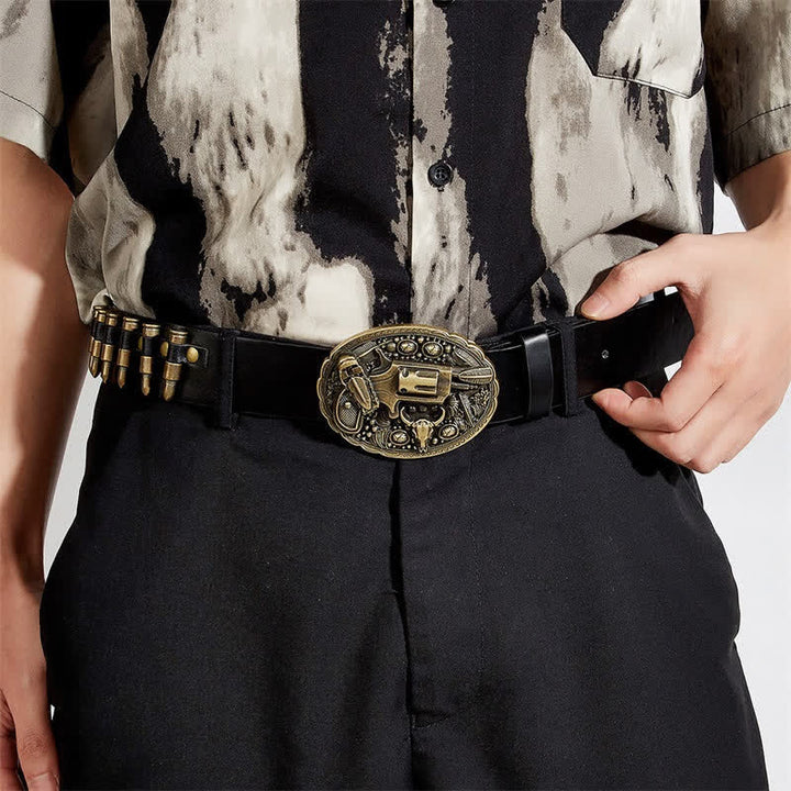 Fibbia con motivo stampato a pistola 3D, proiettili, rivetti, cintura in pelle