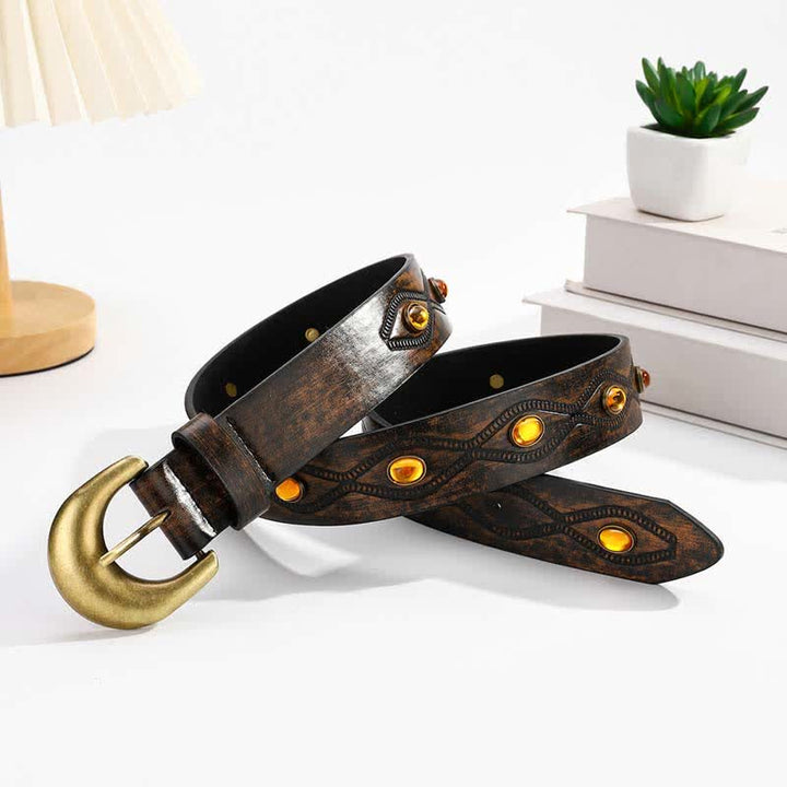 Cintura in pelle con borchie in pietra preziosa brillante colore caffè scuro