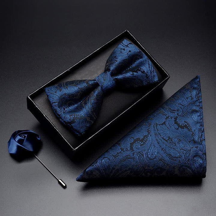 Set di 3 papillon da uomo con motivo Paisley blu navy e tasca
