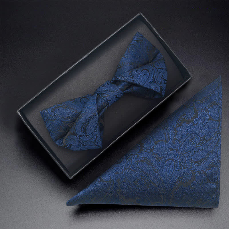 Set di 3 papillon da uomo con motivo Paisley blu navy e tasca
