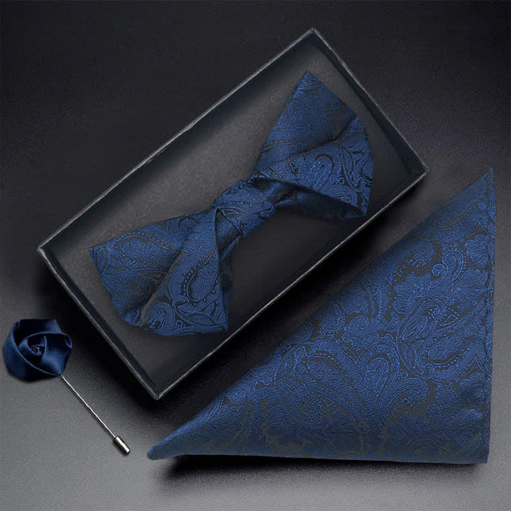 Set di 3 papillon da uomo con motivo Paisley blu navy e tasca