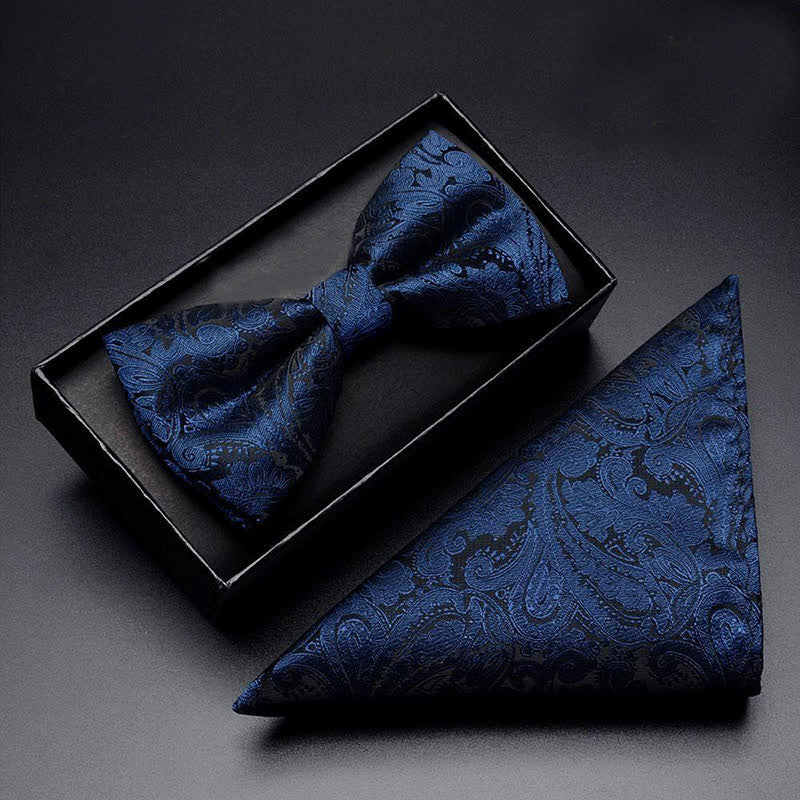 Set di 3 papillon da uomo con motivo Paisley blu navy e tasca