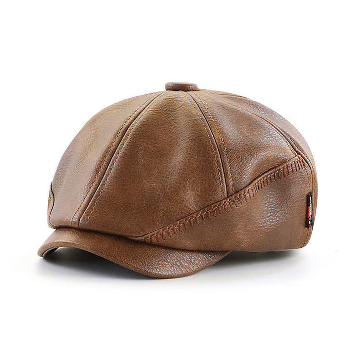 Cappello basco in pelle da giornalaio con design da cucito in stile retrò