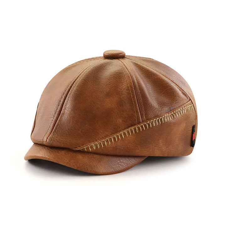 Cappello basco in pelle da giornalaio con design da cucito in stile retrò