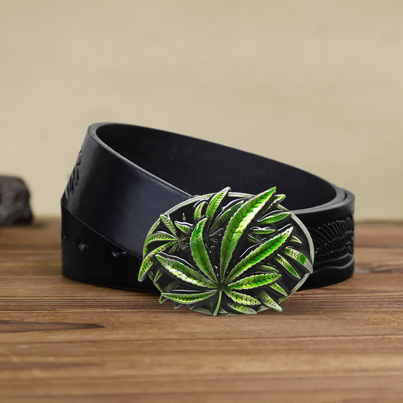 Cintura in pelle con fibbia a forma di pianta d'acero verde fai da te da uomo