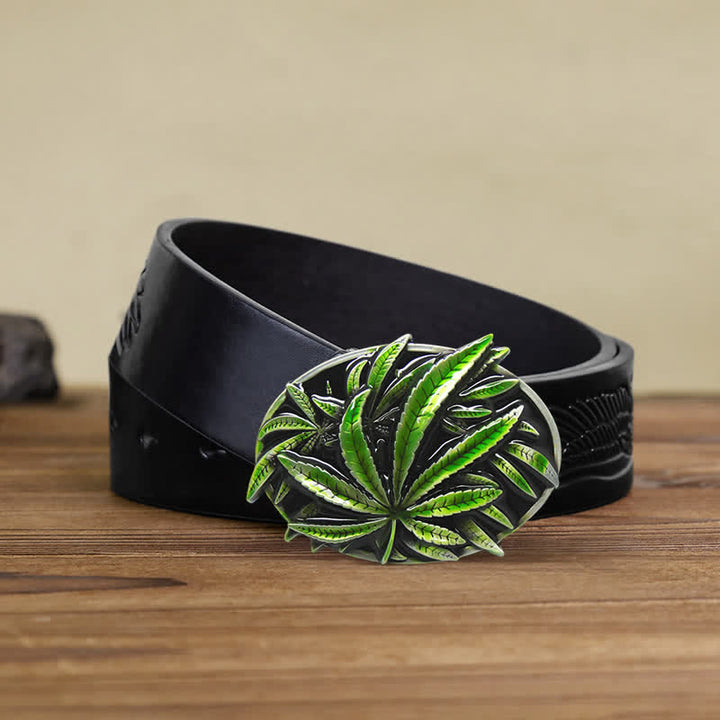 Cintura in pelle con fibbia a forma di pianta d'acero verde fai da te da uomo